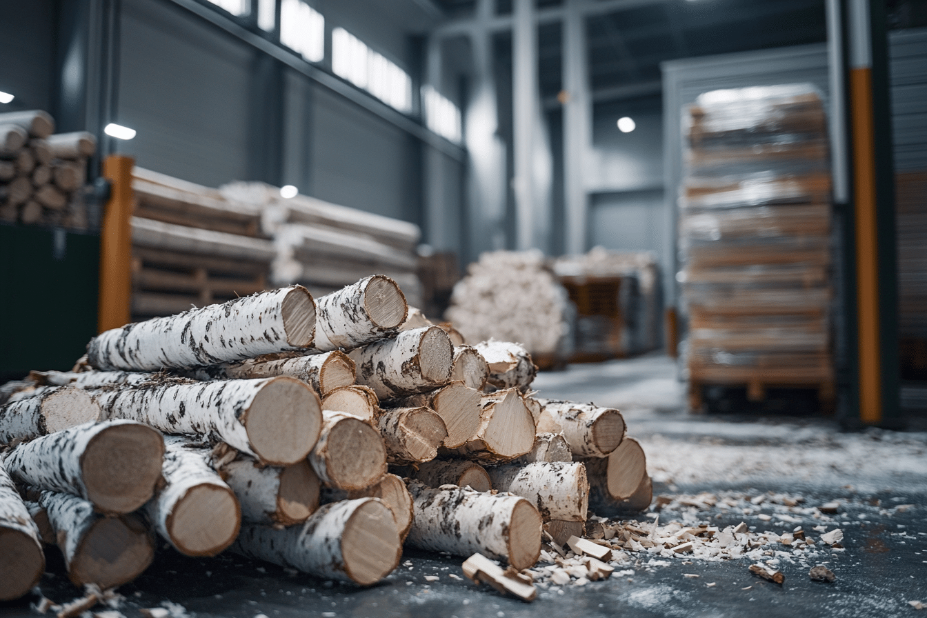 bjørkeved oppbevart i lager