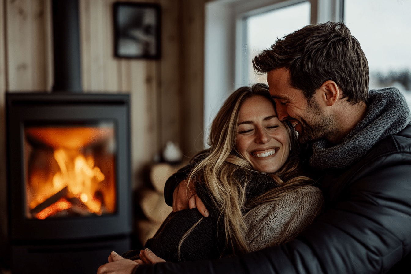 et lykkelig par foran peisen