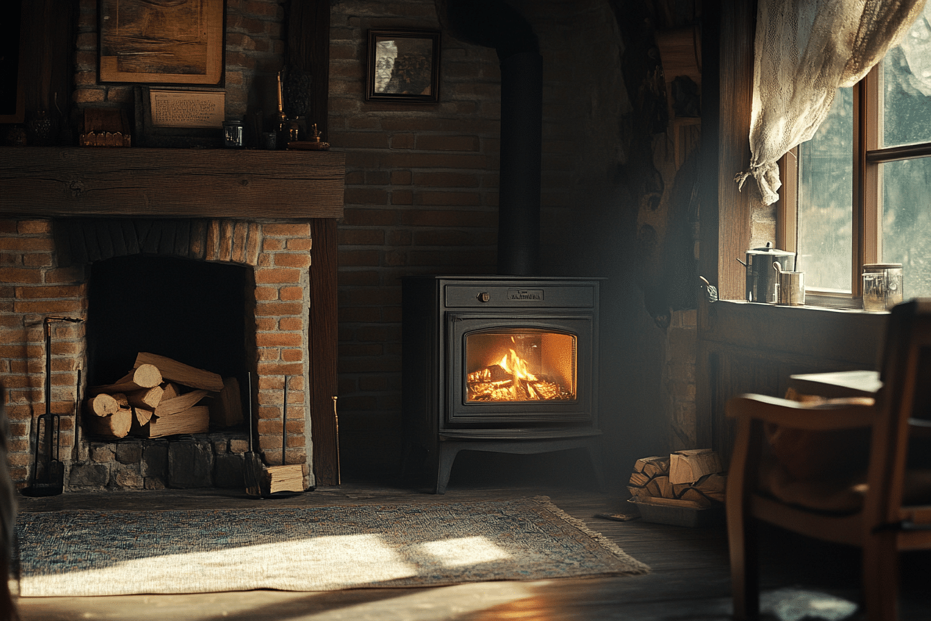 en peisovn og vedovn i samme bilde