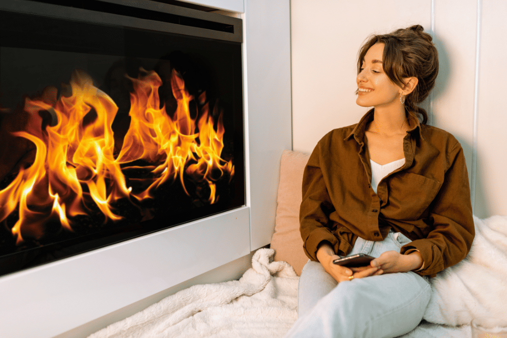 dame som slapper av foran peisen